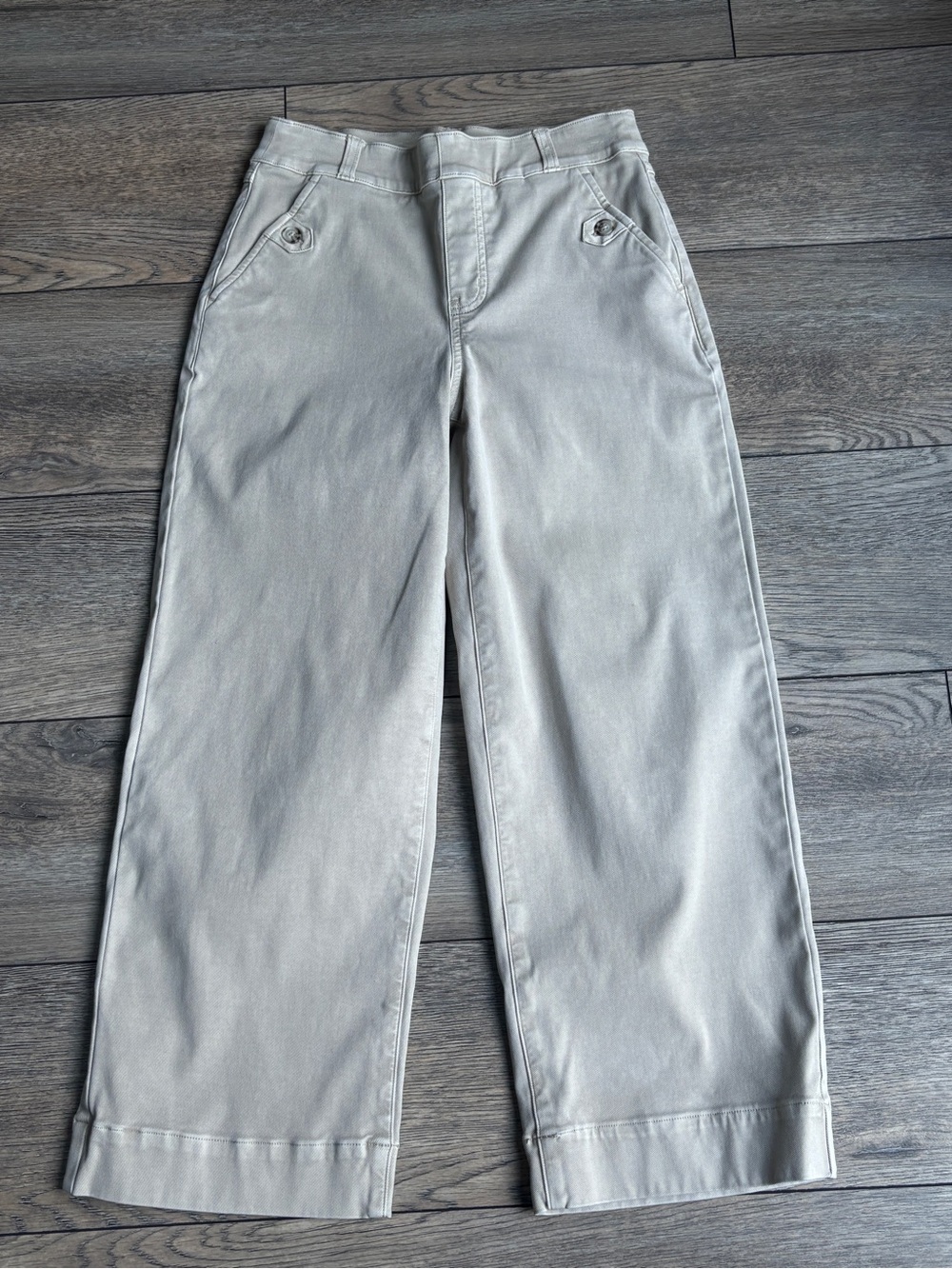 Spanx Stretch Twill Pull On Cropped Wide Leg Pants Bone Beige Khaki Small PETITE